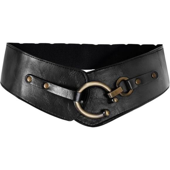 Women\'s Wide Elastic Waist Belt  Black Vegan Leather Stretch Interlock Buckle main image 6